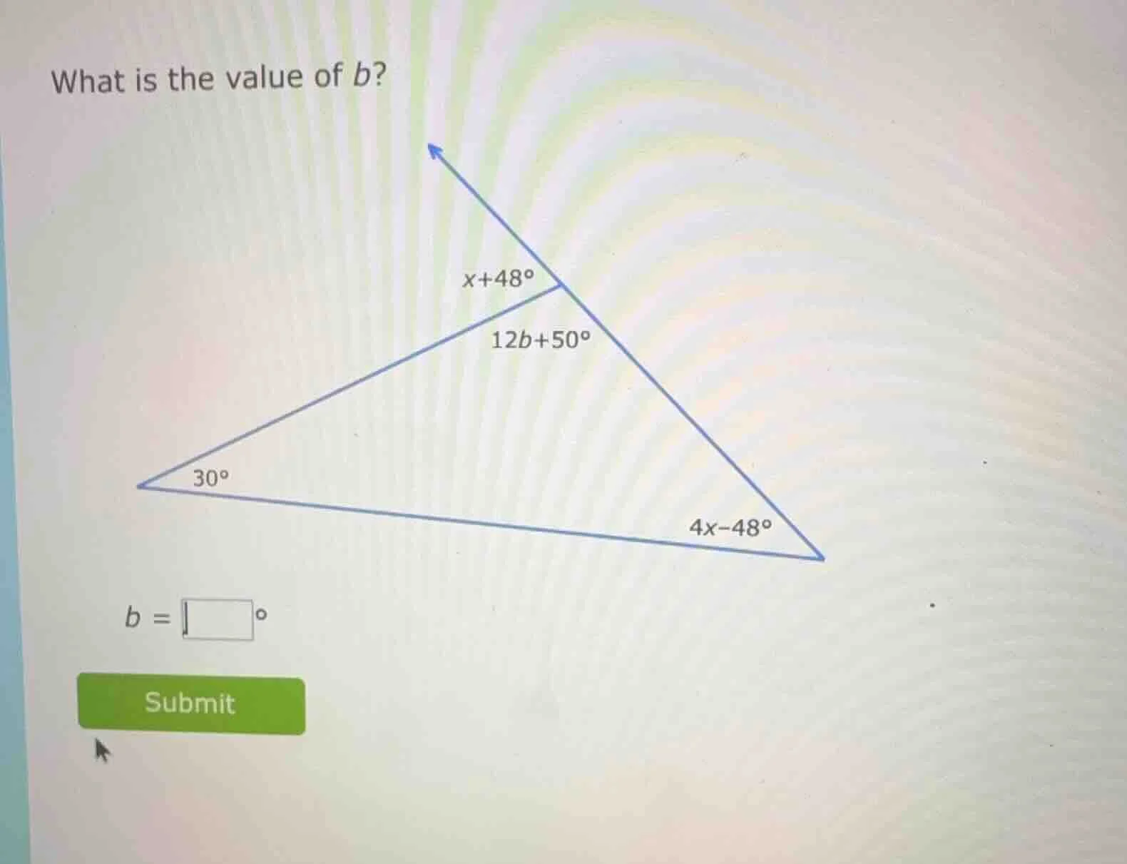 what is the value of b? $x + 48^{circ}$ $12b + 50^{circ}$ $30^{circ}$ $…