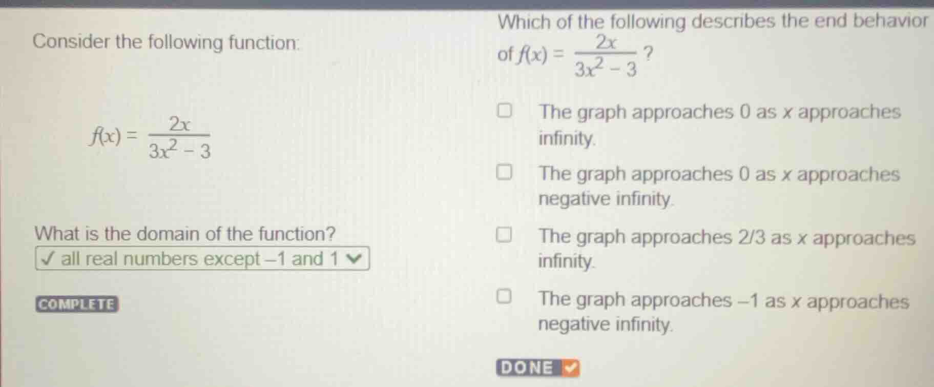 consider the following function: $f(x) = \\frac{2x}{3x^2 - 3}$ what is …