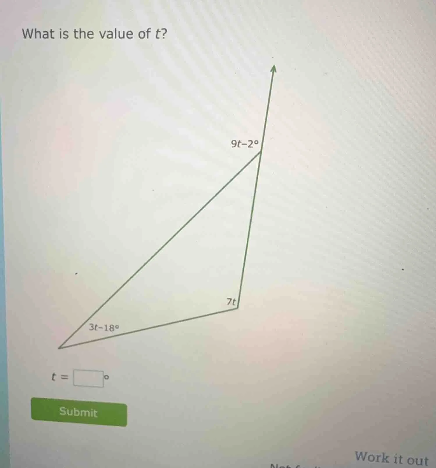 what is the value of t? 9t - 2° 7t 3t - 18° t = \\square° submit work i…