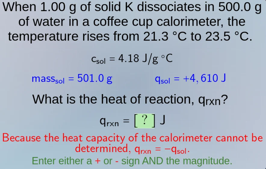when 1.00 g of solid k dissociates in 500.0 g of water in a coffee cup …