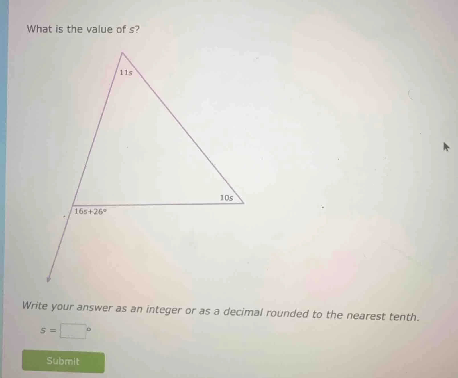 what is the value of s? 11s 10s 16s+26° write your answer as an integer…