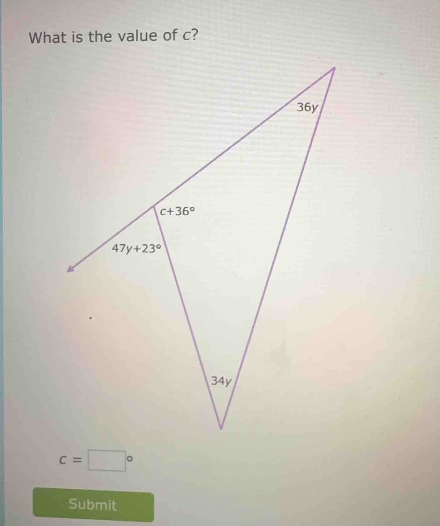 what is the value of c? 36y $c + 36^circ$ $47y + 23^circ$ 34y $c = \\sq…