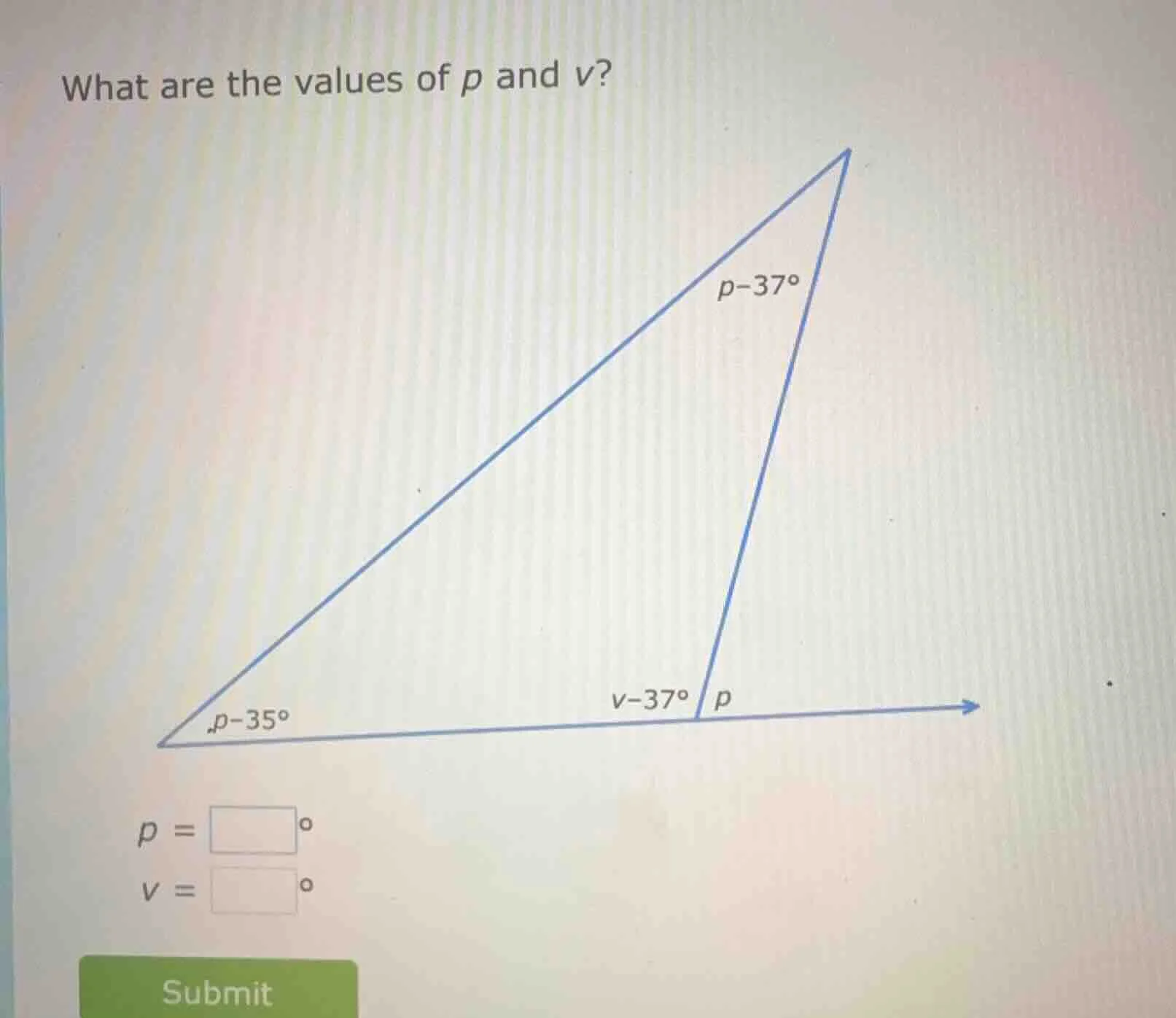 what are the values of p and v? p = \\square^\\circ v = \\square^\\circ…