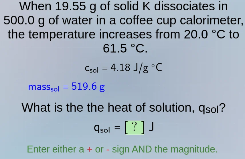 when 19.55 g of solid k dissociates in 500.0 g of water in a coffee cup…
