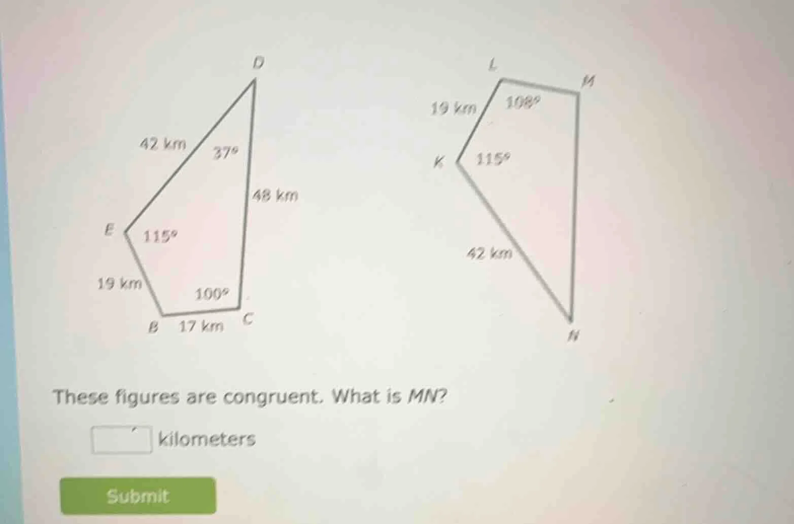 these figures are congruent. what is mn? kilometers