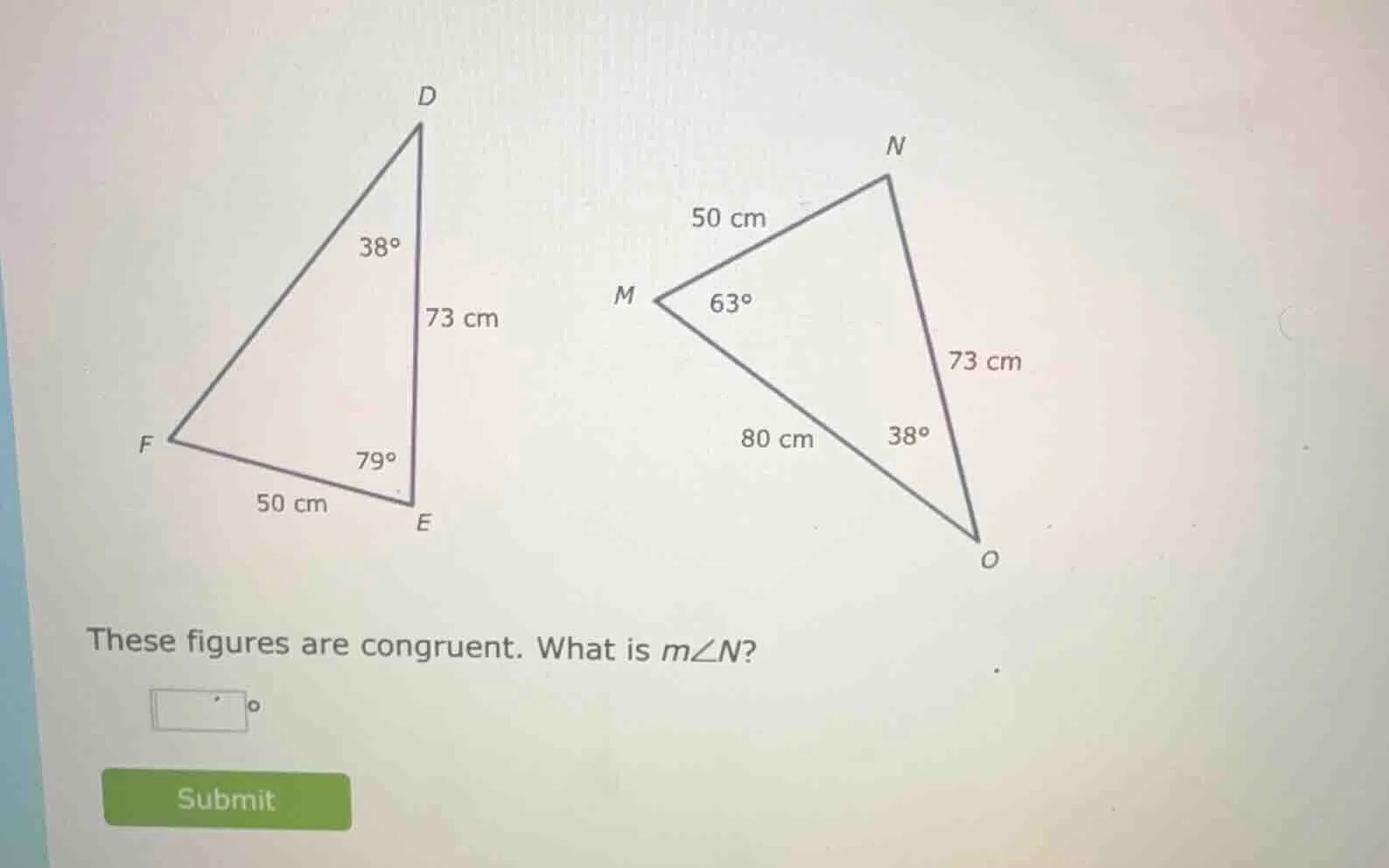 these figures are congruent. what is ( mangle n )?