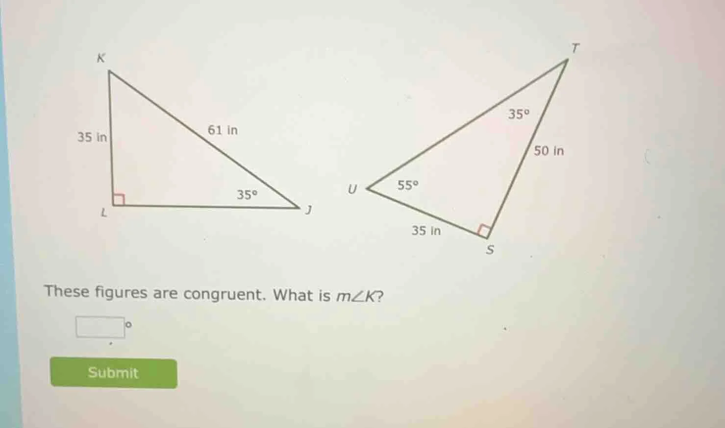 these figures are congruent. what is ( mangle k )?