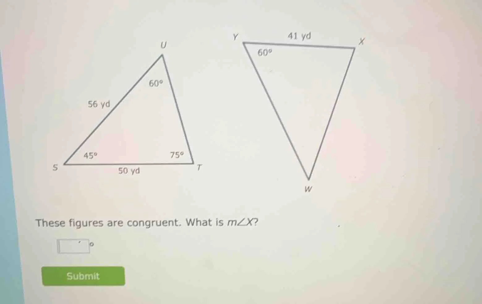 these figures are congruent. what is ( mangle x )?