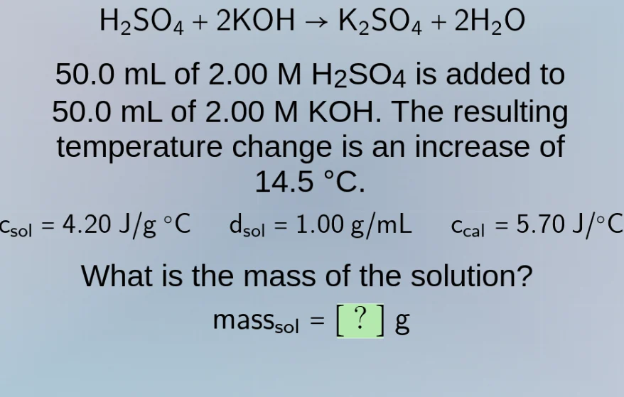 h₂so₄ + 2koh → k₂so₄ + 2h₂o 50.0 ml of 2.00 m h₂so₄ is added to 50.0 ml…