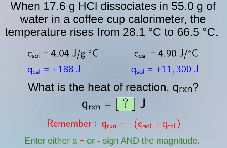when 17.6 g hcl dissociates in 55.0 g of water in a coffee cup calorime…