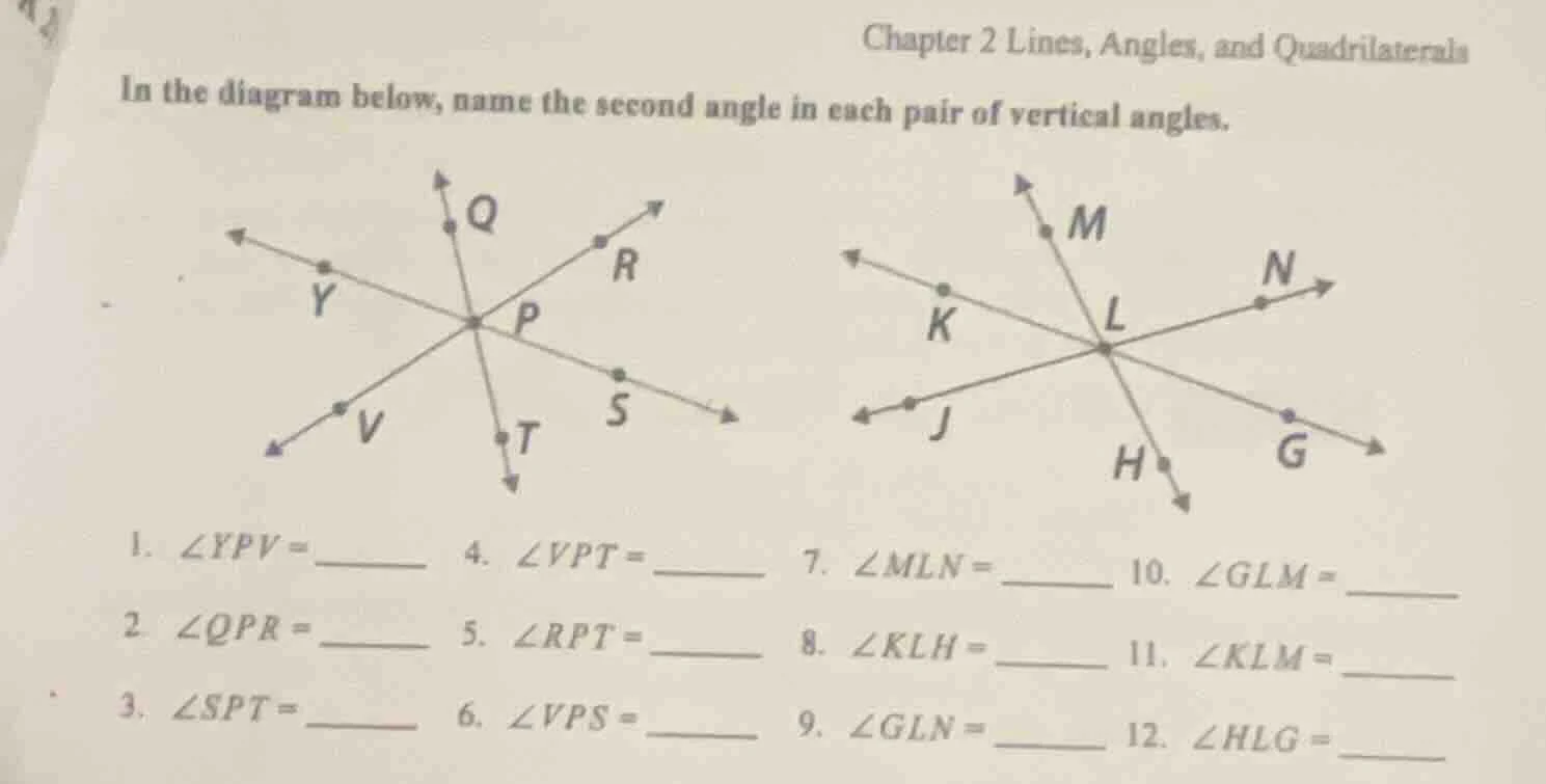 chapter 2 lines, angles, and quadrilaterals in the diagram below, name …