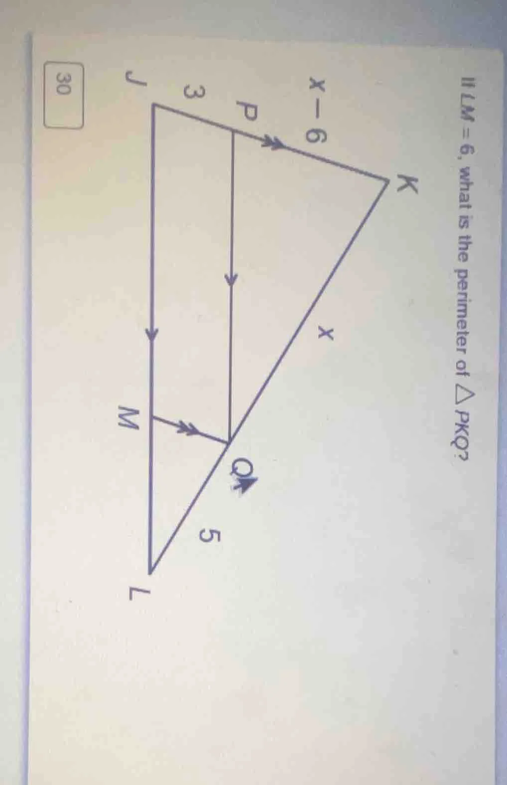 if lm = 6, what is the perimeter of △pkq? (there is a triangle - relate…