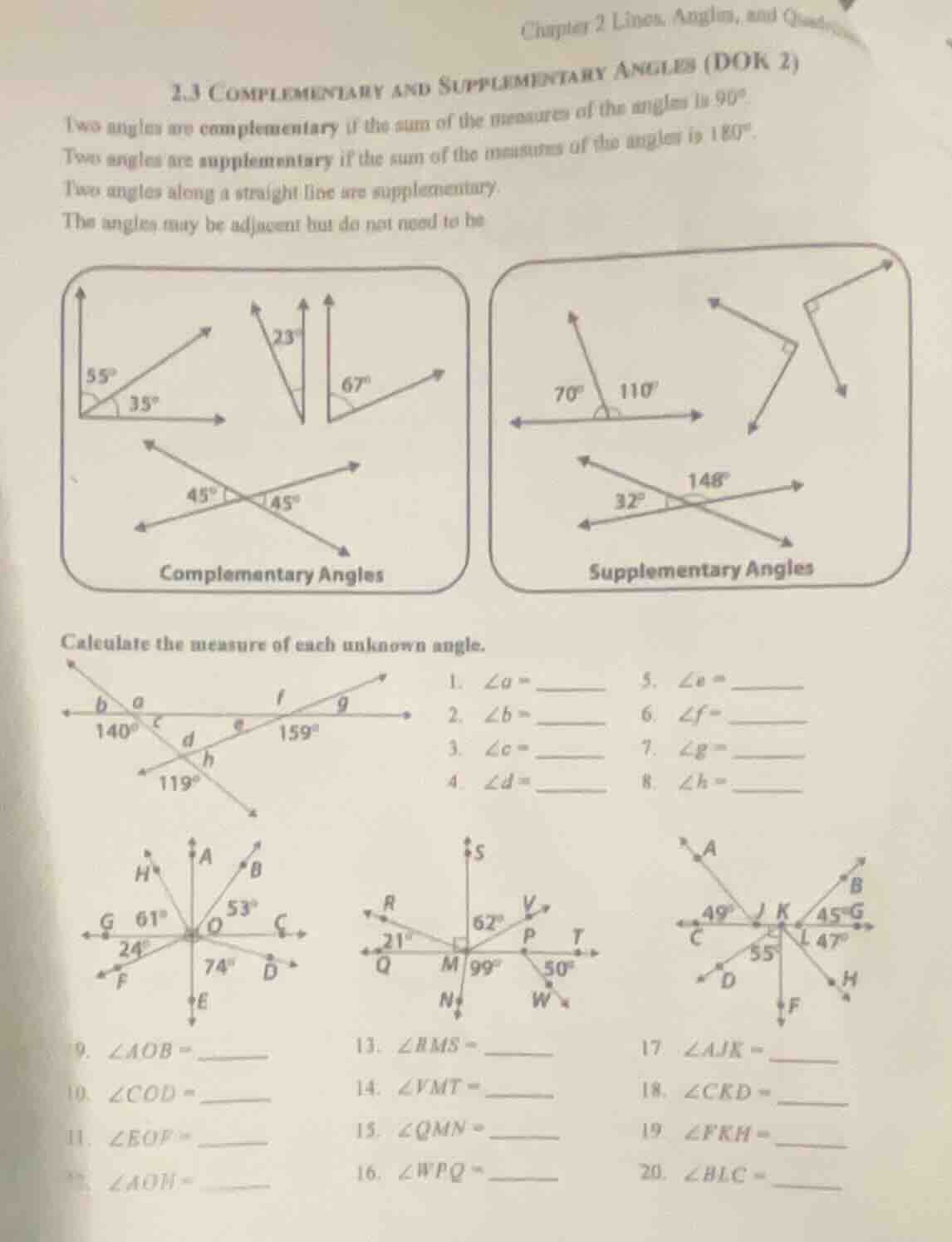 chapter 2 lines, angles, and quadrilaterals 2.3 complementary and suppl…
