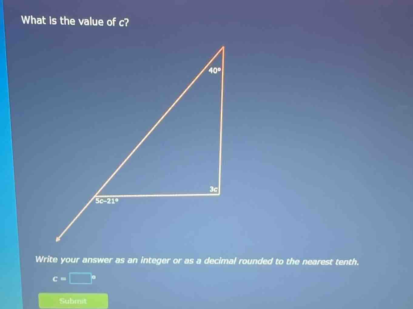 what is the value of c? 40° 3c 5c - 21° write your answer as an integer…