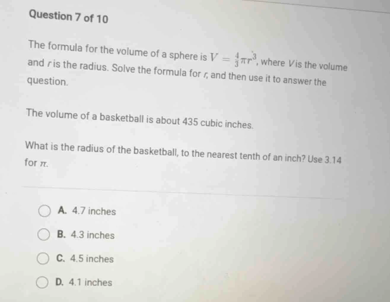 question 7 of 10 the formula for the volume of a sphere is $v = \\frac{…