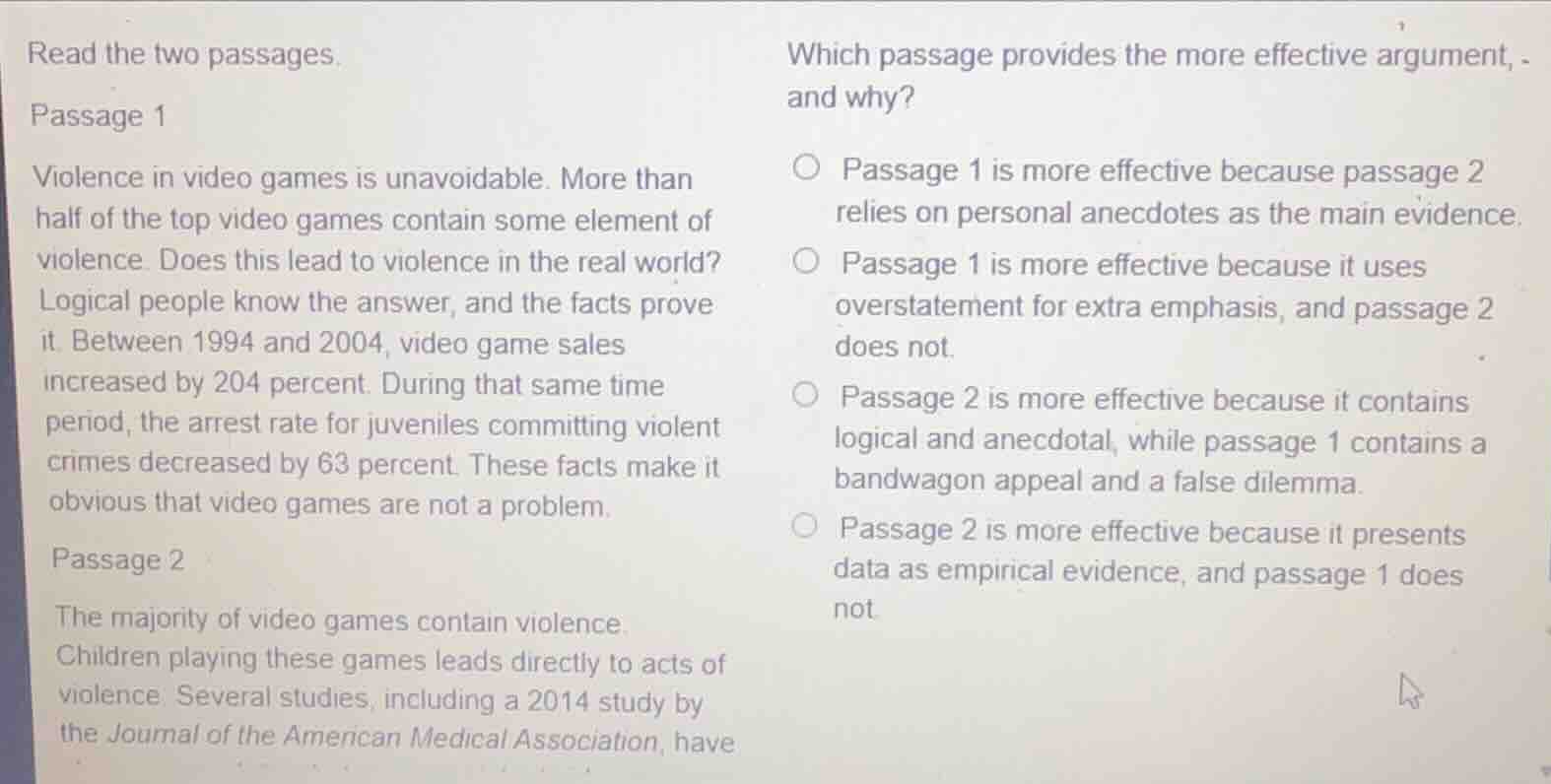 read the two passages. passage 1 violence in video games is unavoidable…