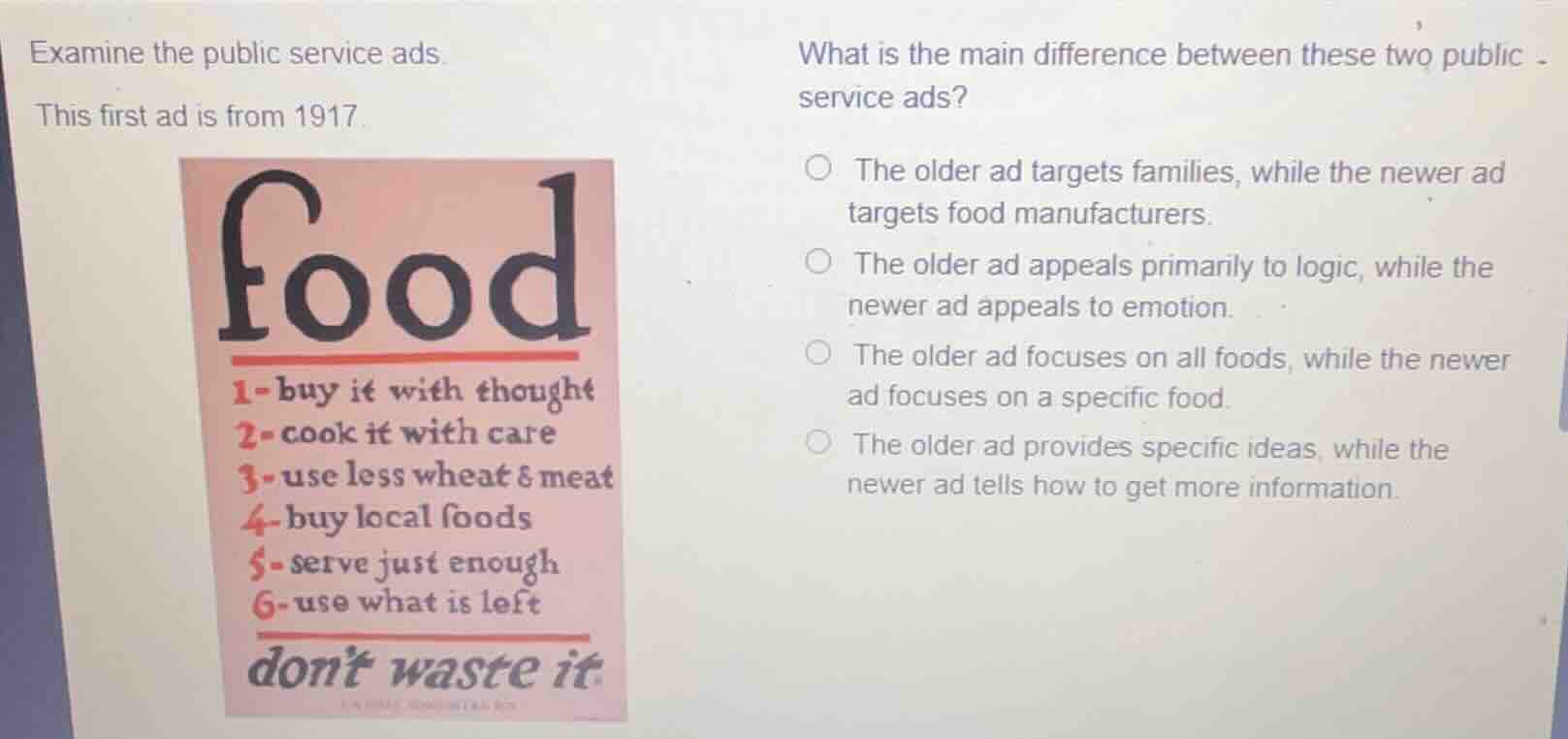 examine the public service ads. this first ad is from 1917. what is the…