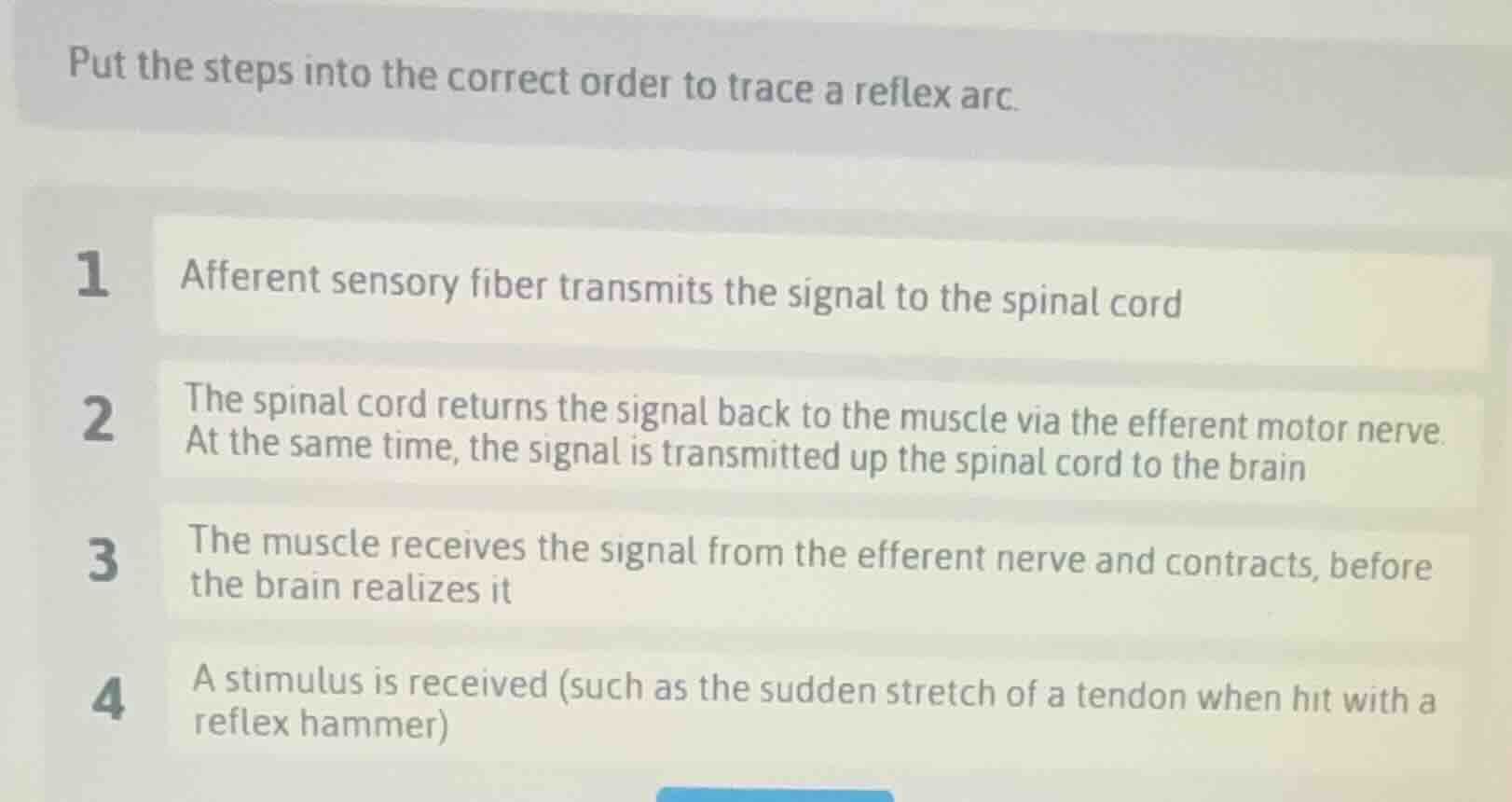 put the steps into the correct order to trace a reflex arc. 1 afferent …