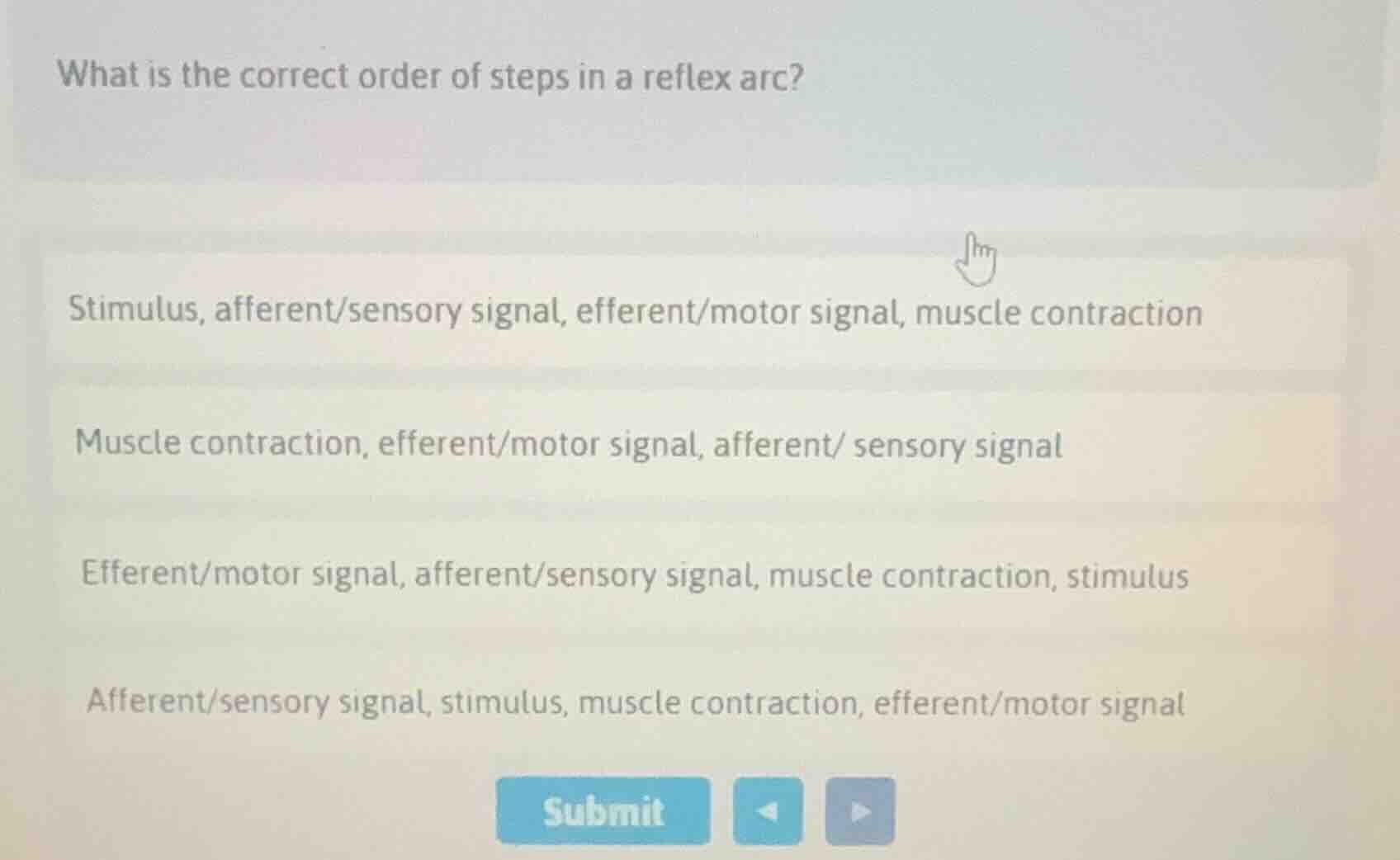 what is the correct order of steps in a reflex arc? stimulus, afferent/…