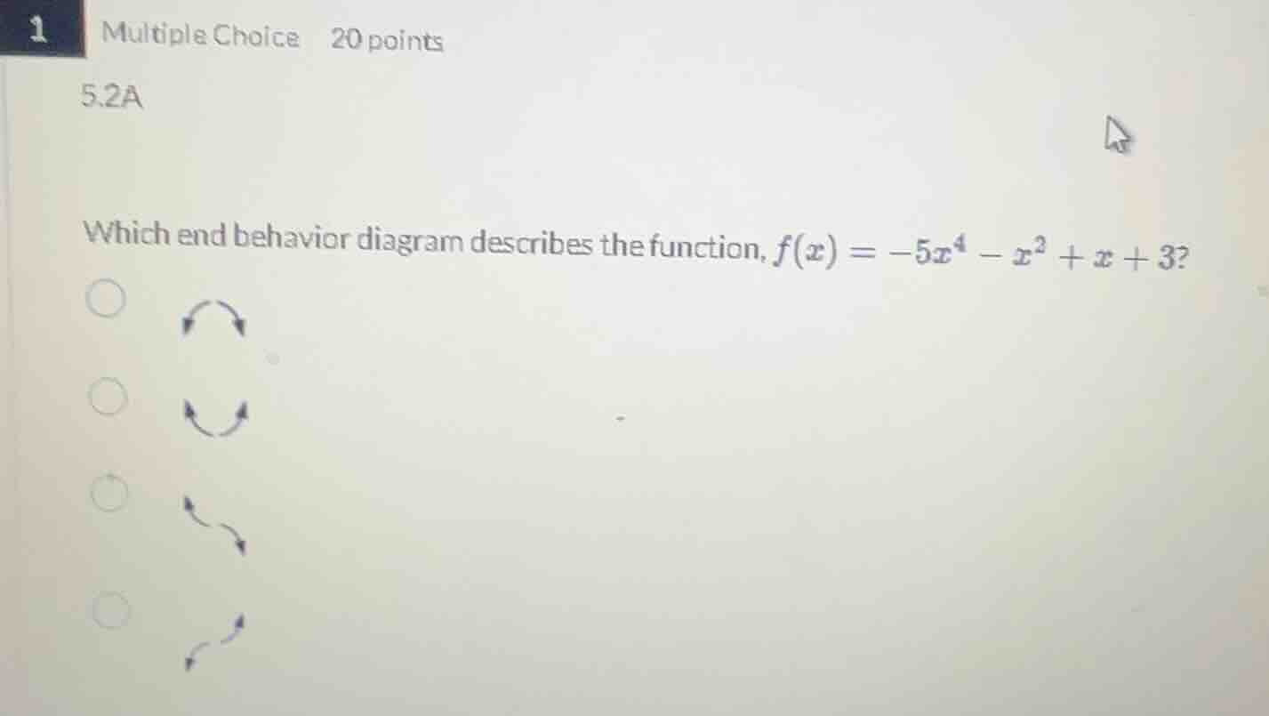 1 multiple choice 20 points 5.2a which end behavior diagram describes t…