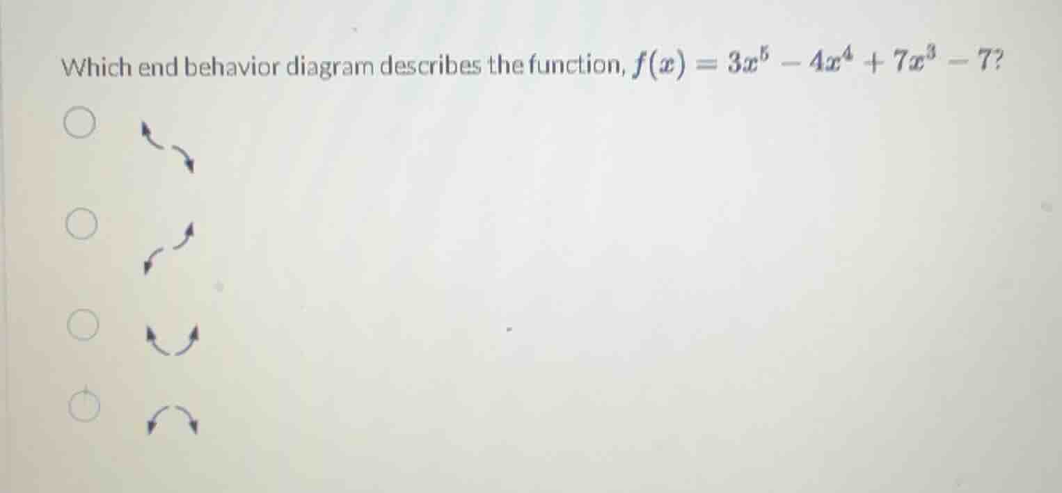 which end behavior diagram describes the function, $f(x) = 3x^5 - 4x^4 …