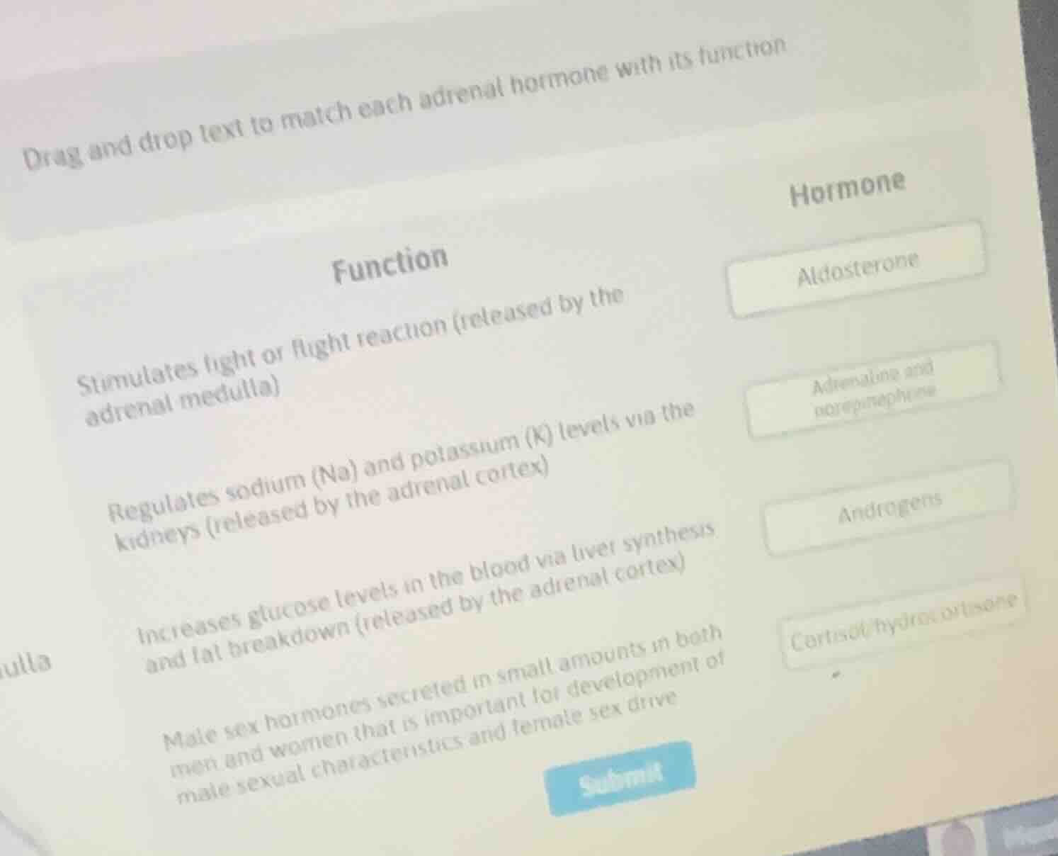 drag and drop text to match each adrenal hormone with its function func…