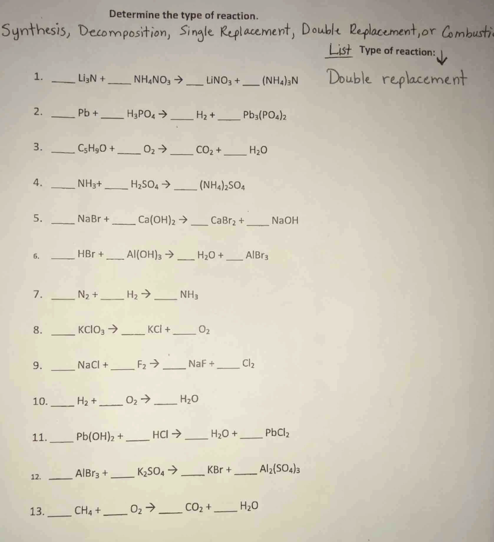 determine the type of reaction. synthesis, decomposition, single replac…