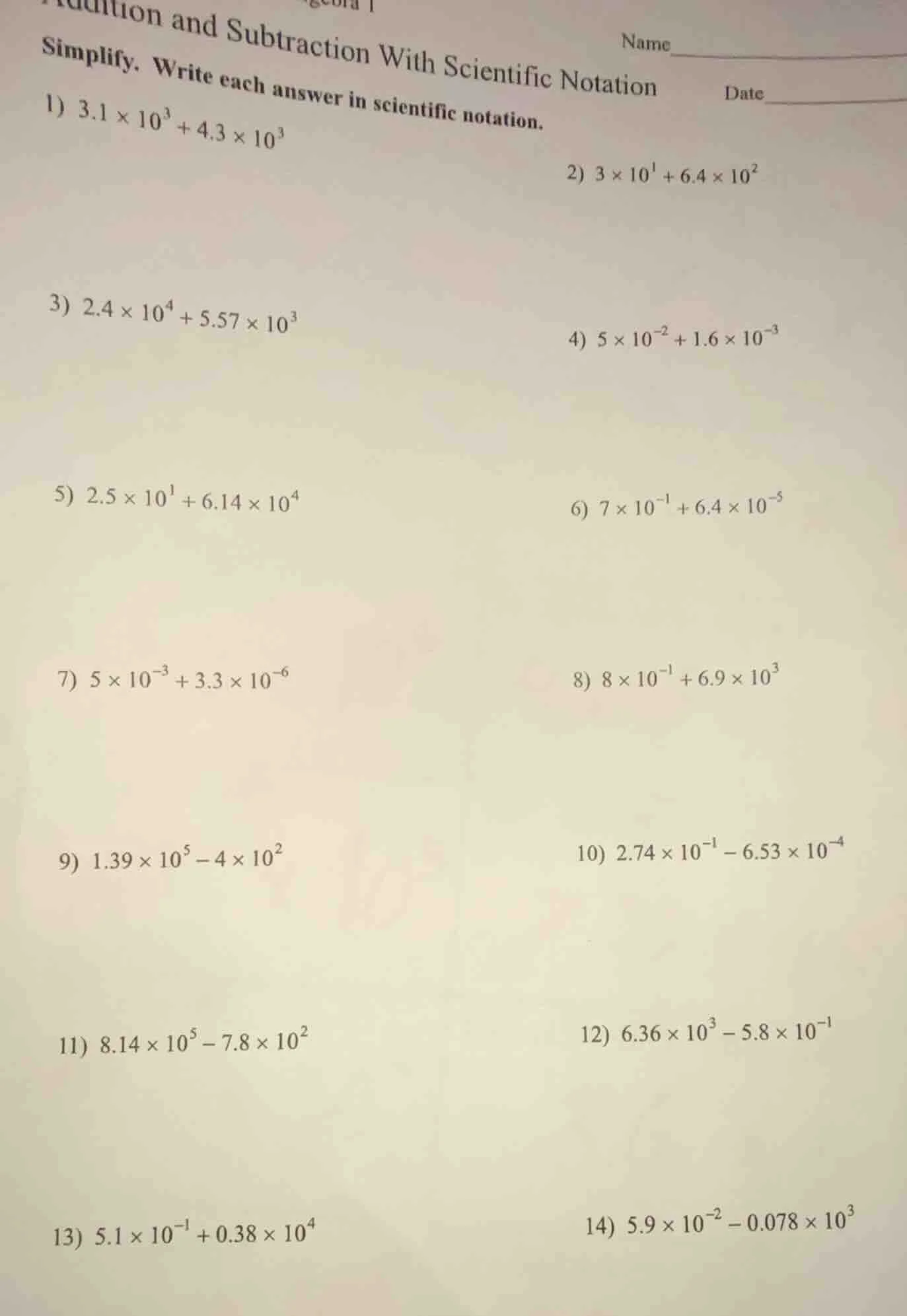 addition and subtraction with scientific notation simplify. write each …