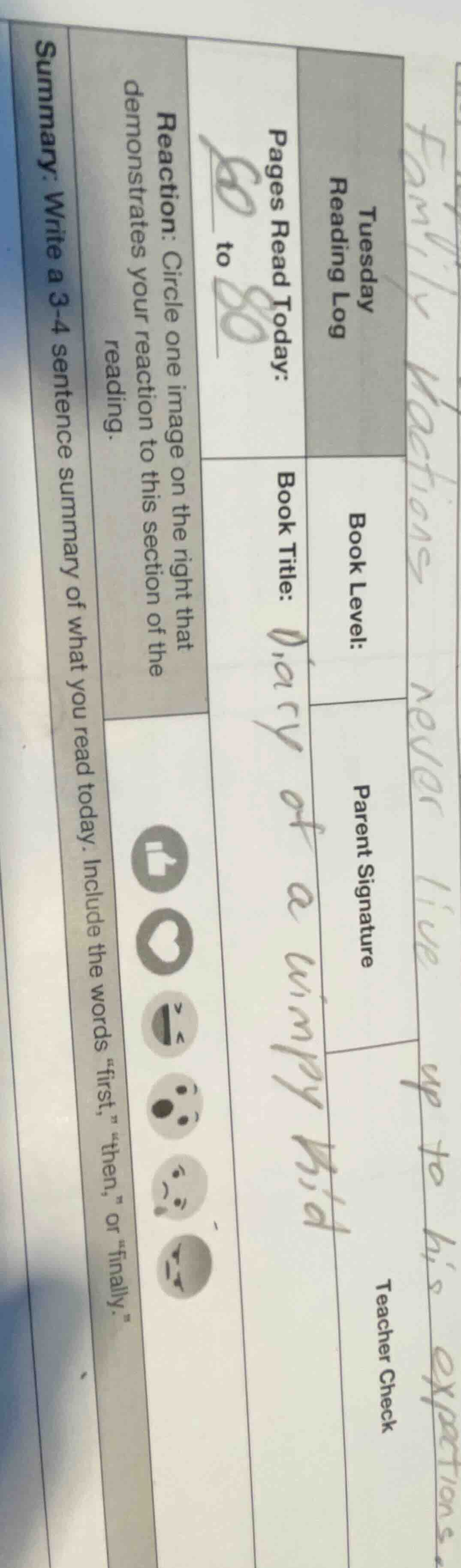 tuesday reading log pages read today: to book level: parent signature b…