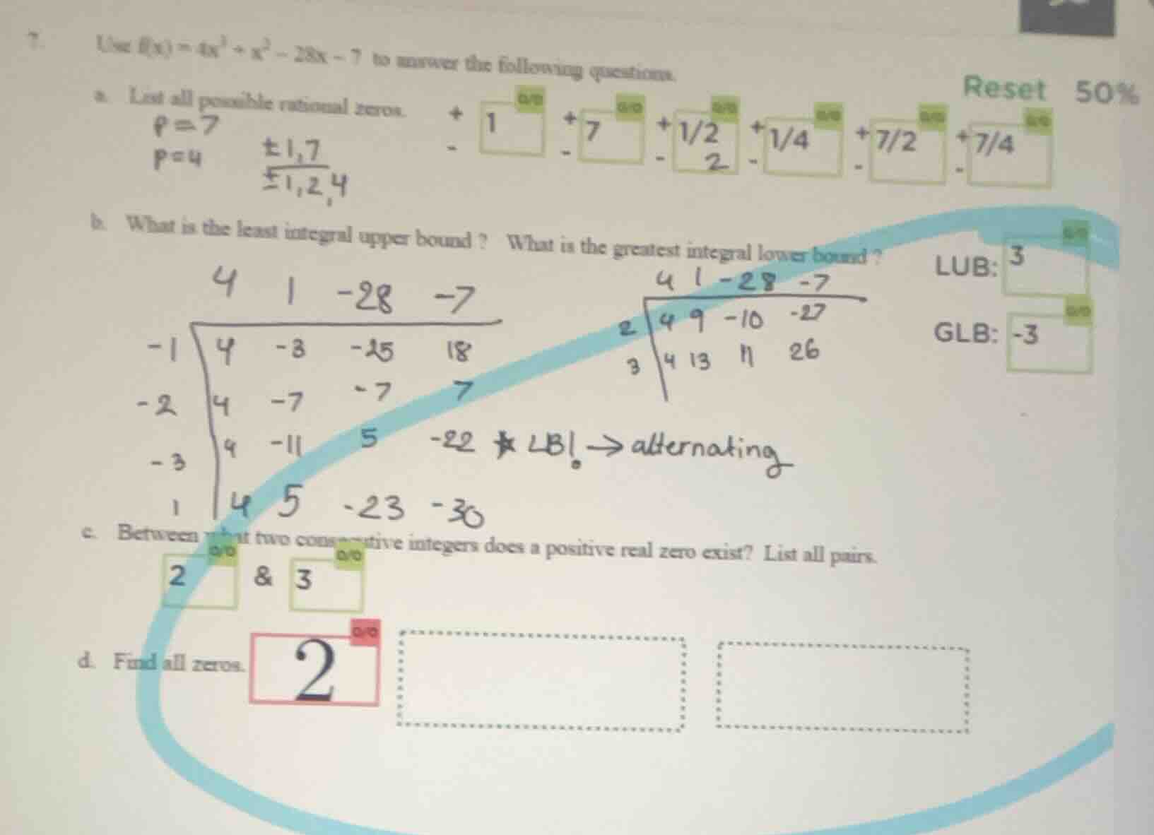7. use ( f(x) = 4x^3 + x^2 - 28x - 7 ) to answer the following question…