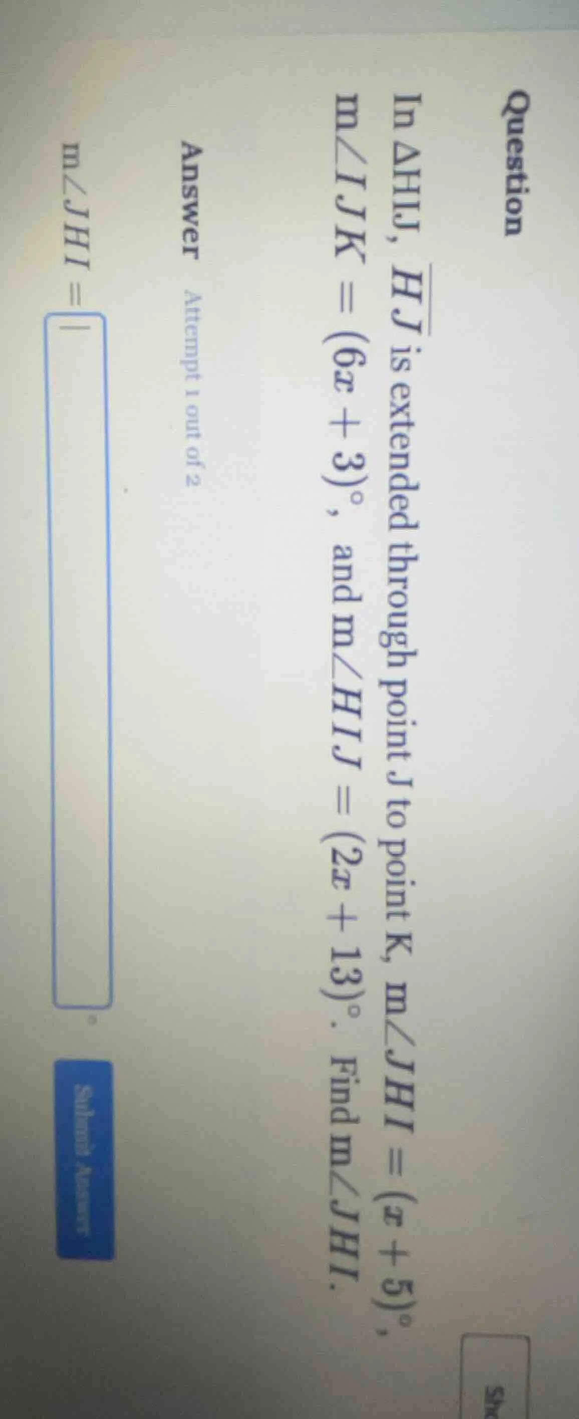 question in $\\triangle hij$, $\\overline{hj}$ is extended through poin…