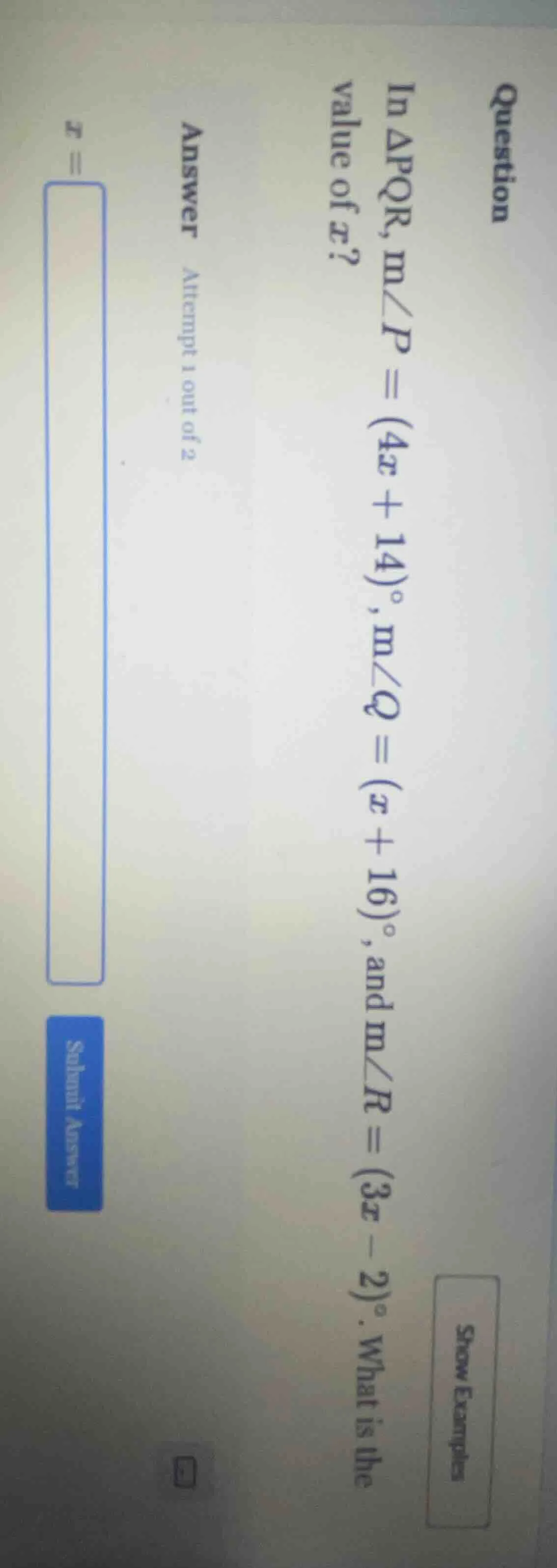 question examples in \\(\\triangle pqr\\), \\(m\\angle p = (4x + 14)\\d…