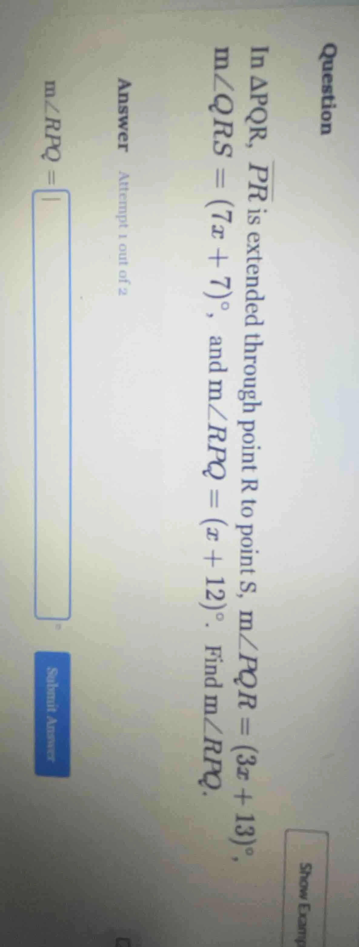 question in $\\triangle pqr$, $\\overline{pr}$ is extended through poin…