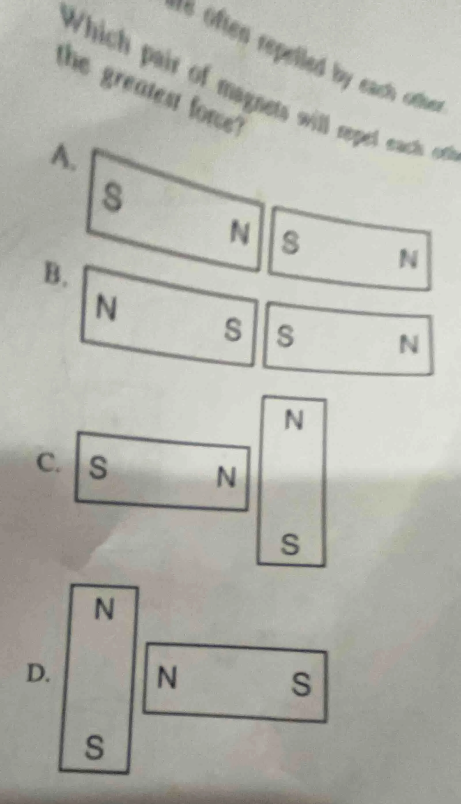 which pair of magnets will repel each other the greatest force? a. diag…