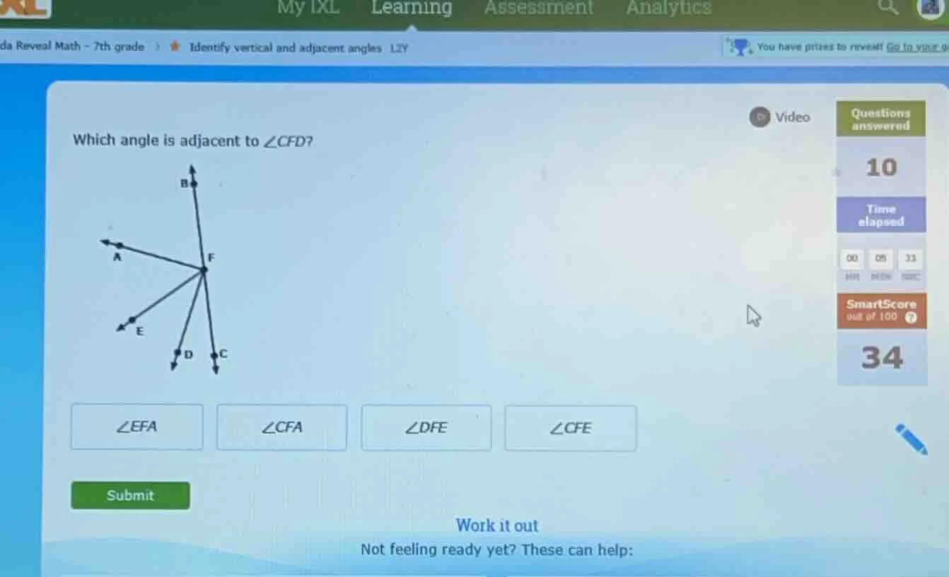 which angle is adjacent to $\\angle cfd$? $\\angle efa$ $\\angle cfa$ $…