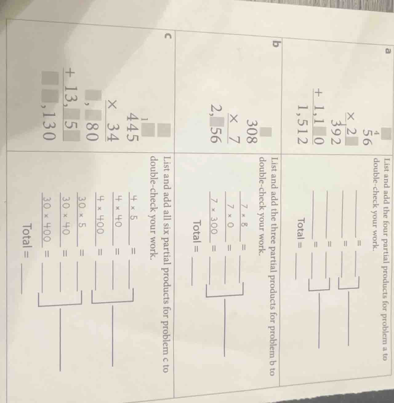a list and add the four partial products for problem a to double - chec…