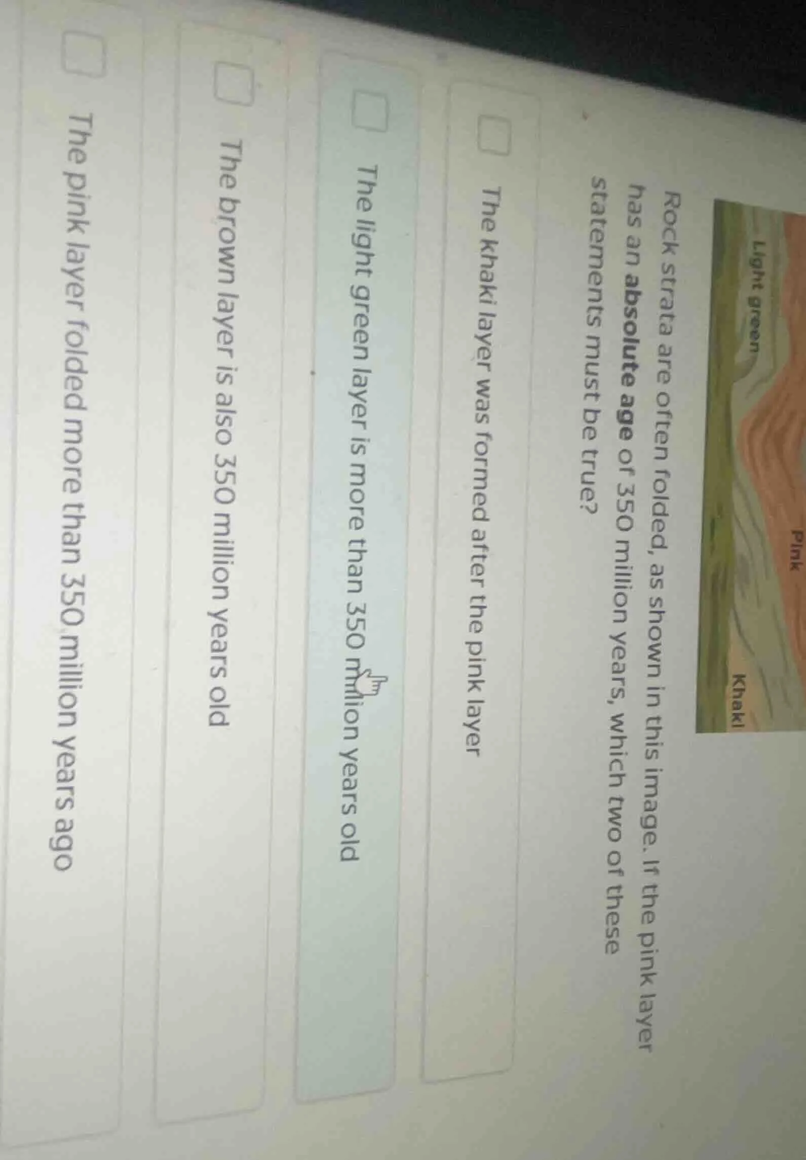 rock strata are often folded, as shown in this image. if the pink layer…