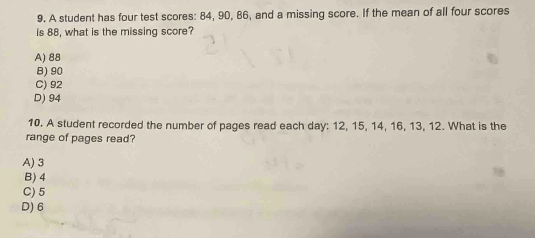 9. a student has four test scores: 84, 90, 86, and a missing score. if …