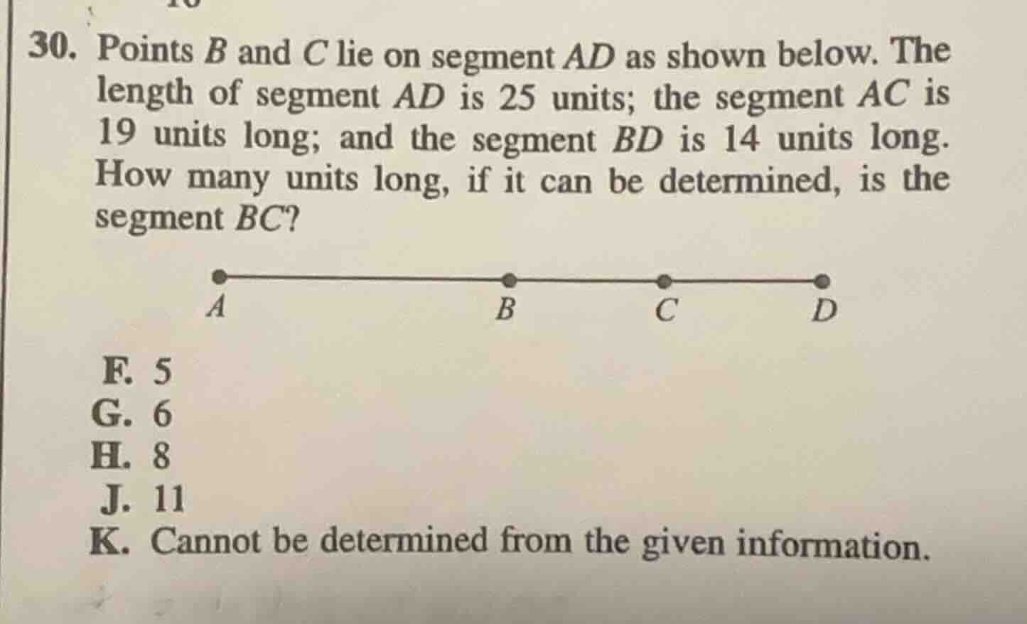30. points b and c lie on segment ad as shown below. the length of segm…