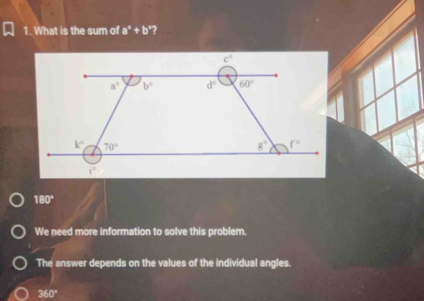 1. what is the sum of $a^{circ}+b^{circ}$? options: $180^{circ}$ we nee…