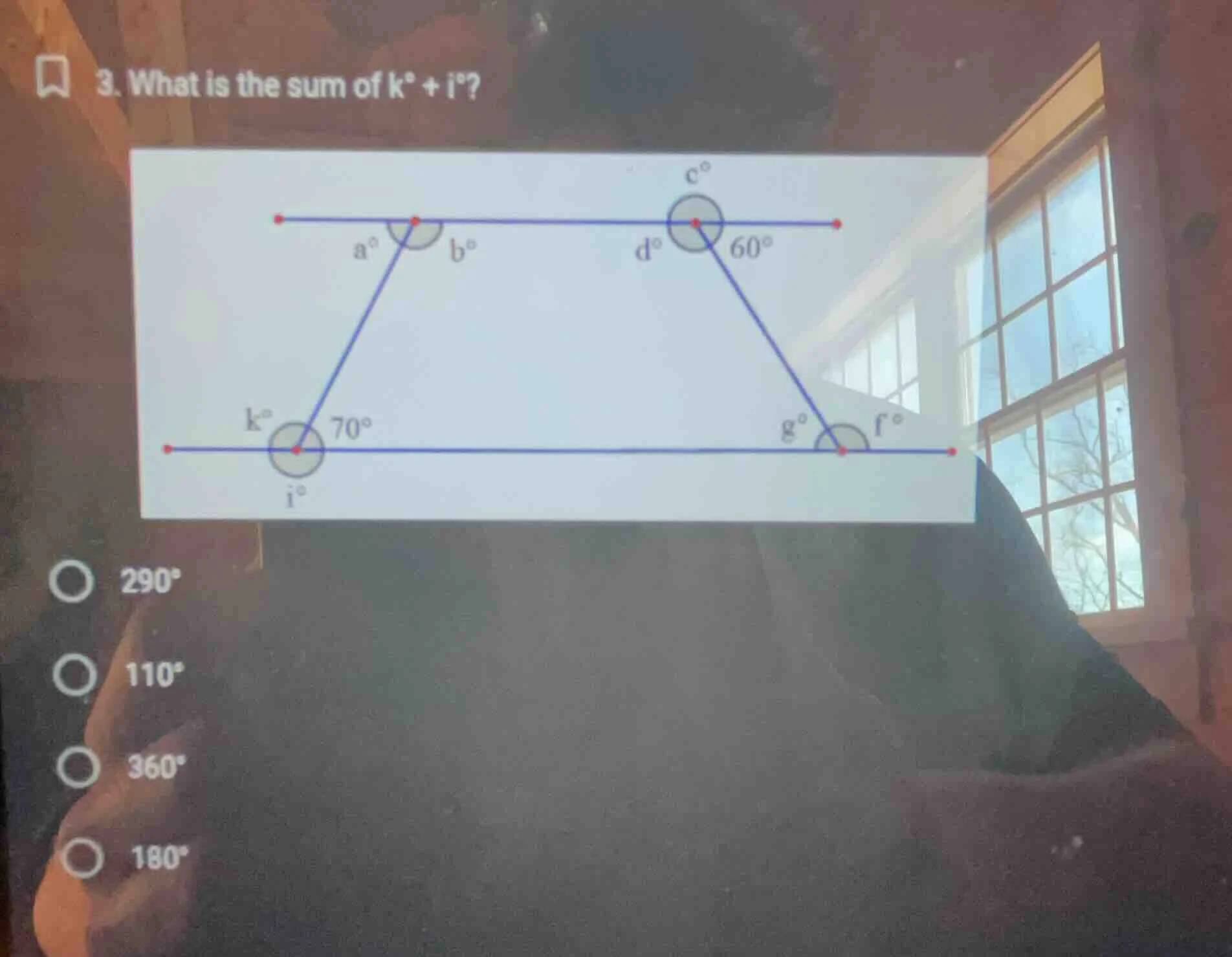 3. what is the sum of ( k^circ + i^circ )? options: ( 290^circ ), ( 110…