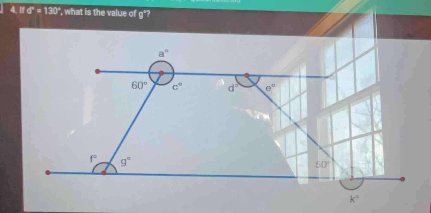 4. if ( d^circ = 130^circ ), what is the value of ( g^circ )?