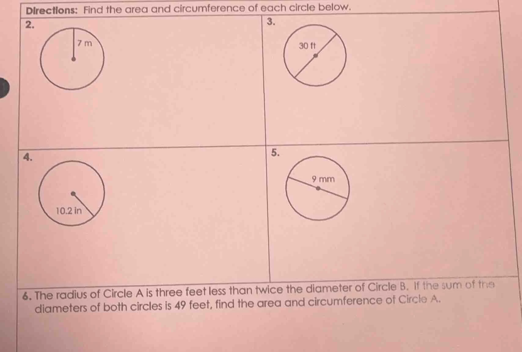 directions: find the area and circumference of each circle below. 2. 3.…