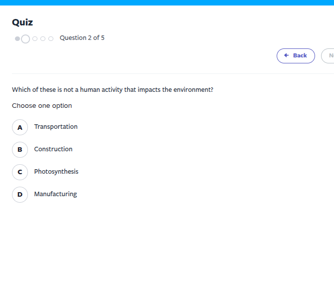 quiz question 2 of 5 which of these is not a human activity that impact…