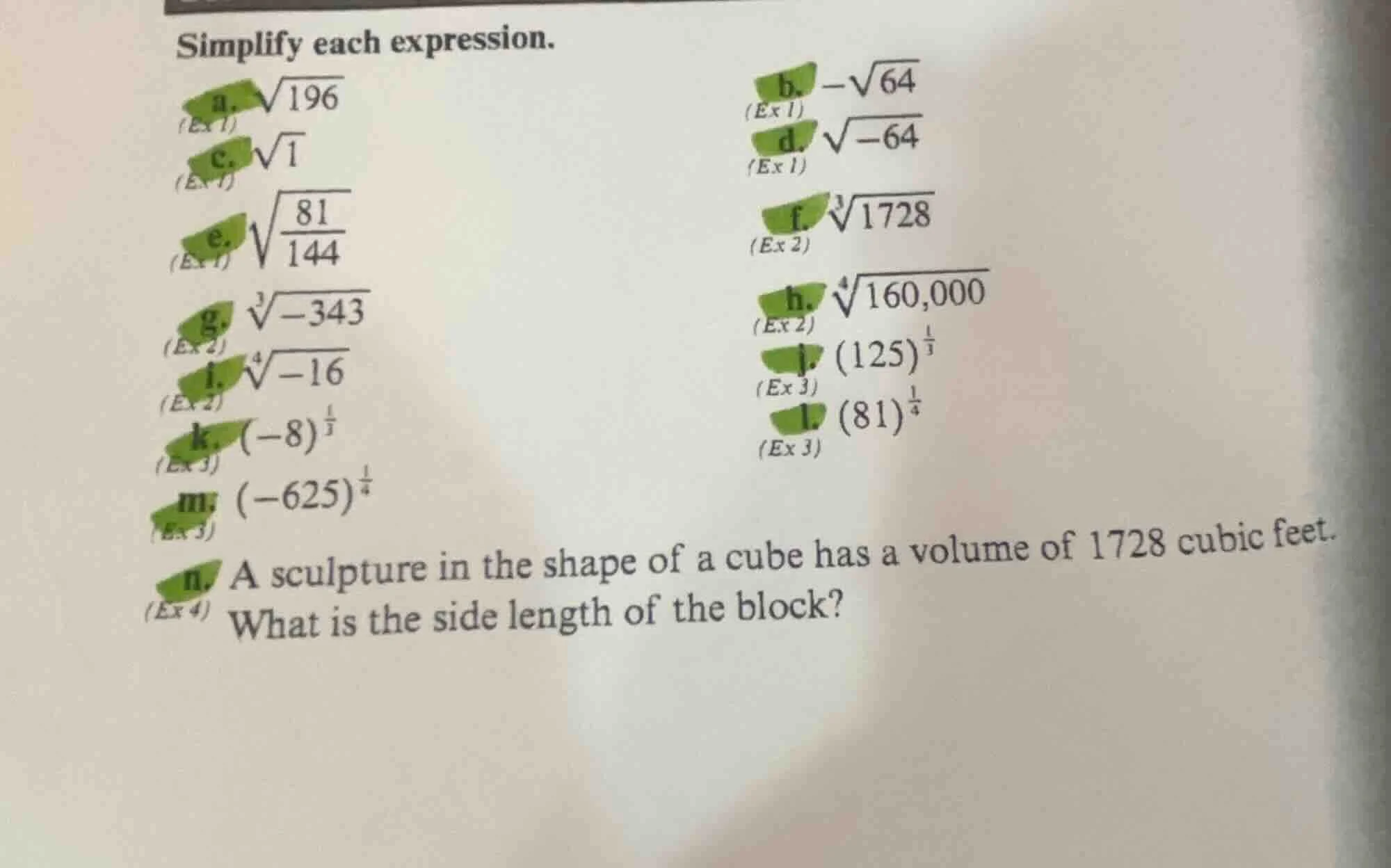 simplify each expression. a. \\(\\sqrt{196}\\)\ b. \\(-\\sqrt{64}\\)\ c…