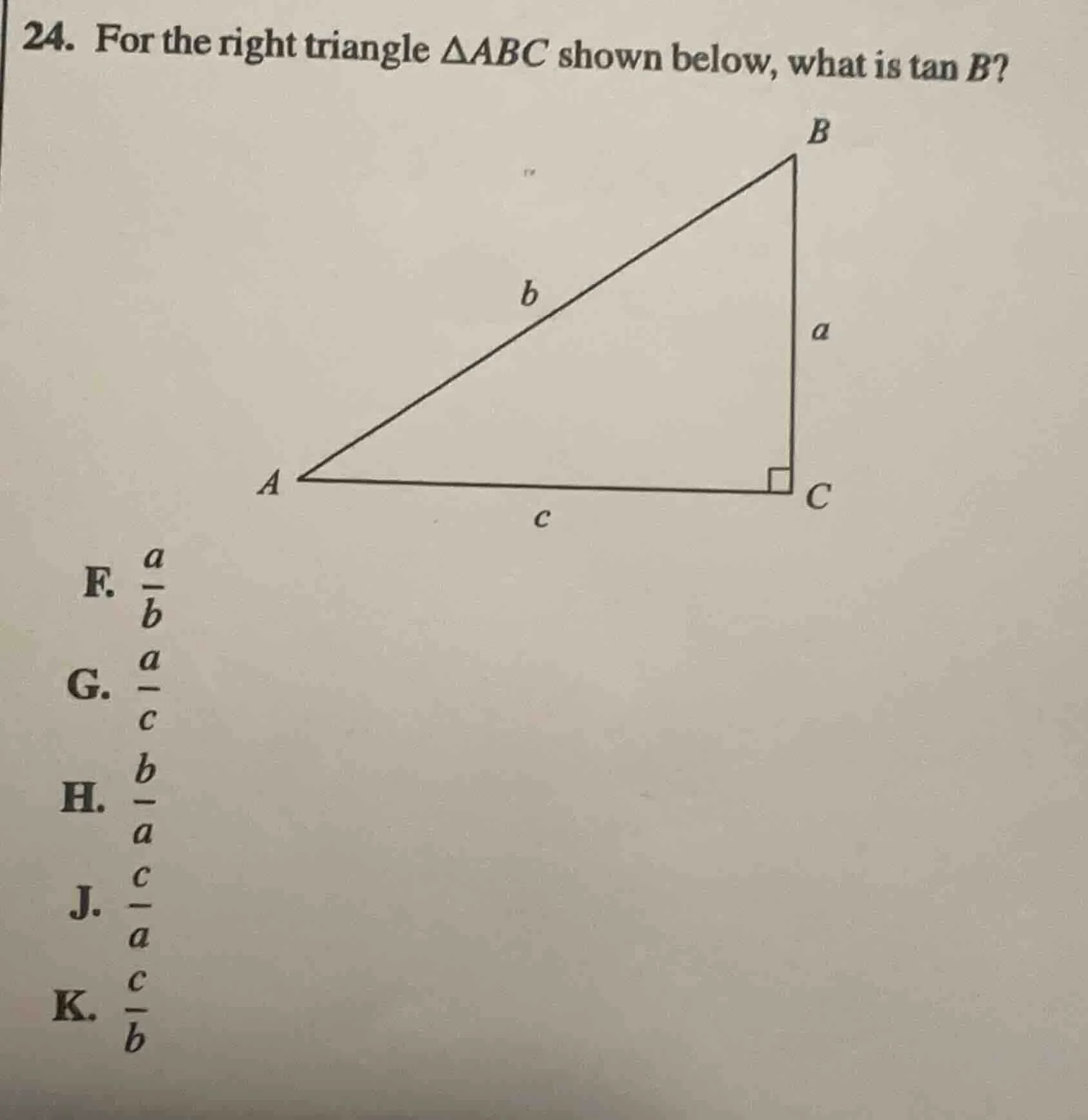 24. for the right triangle $\\delta abc$ shown below, what is $\\tan b$…