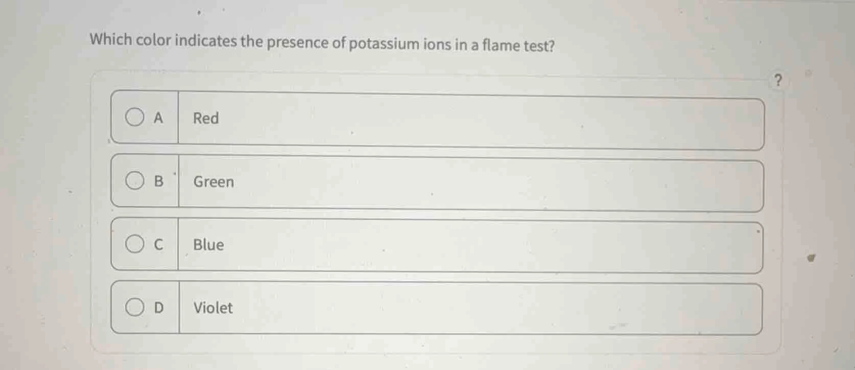 which color indicates the presence of potassium ions in a flame test? a…