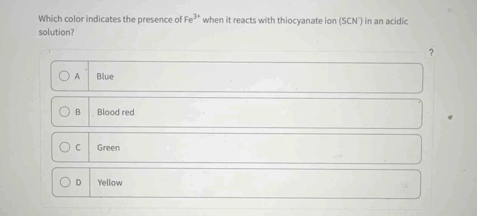 which color indicates the presence of fe³⁺ when it reacts with thiocyan…