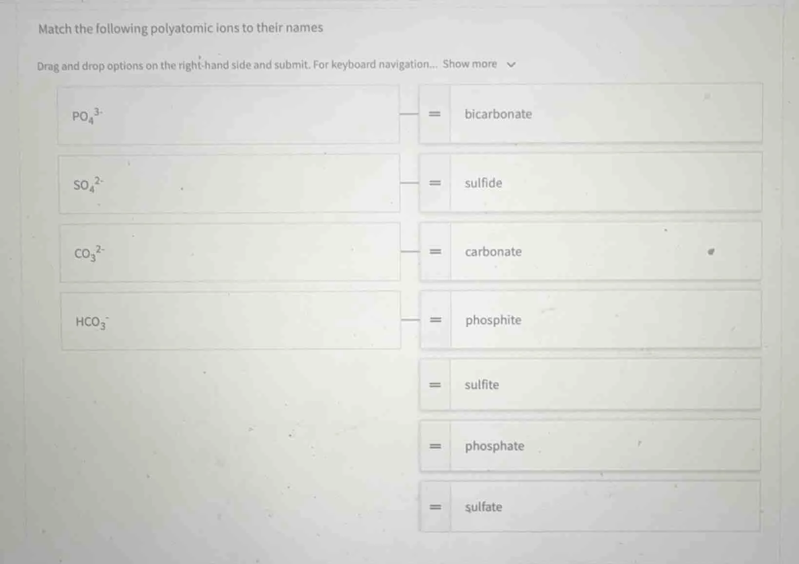 match the following polyatomic ions to their names drag and drop option…