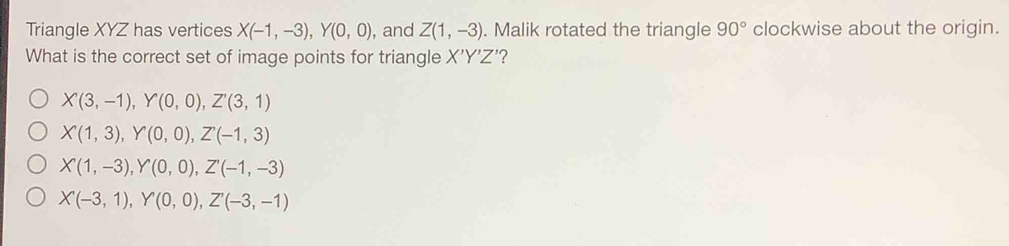 triangle xyz has vertices x(-1, -3), y(0, 0), and z(1, -3). malik rotat…